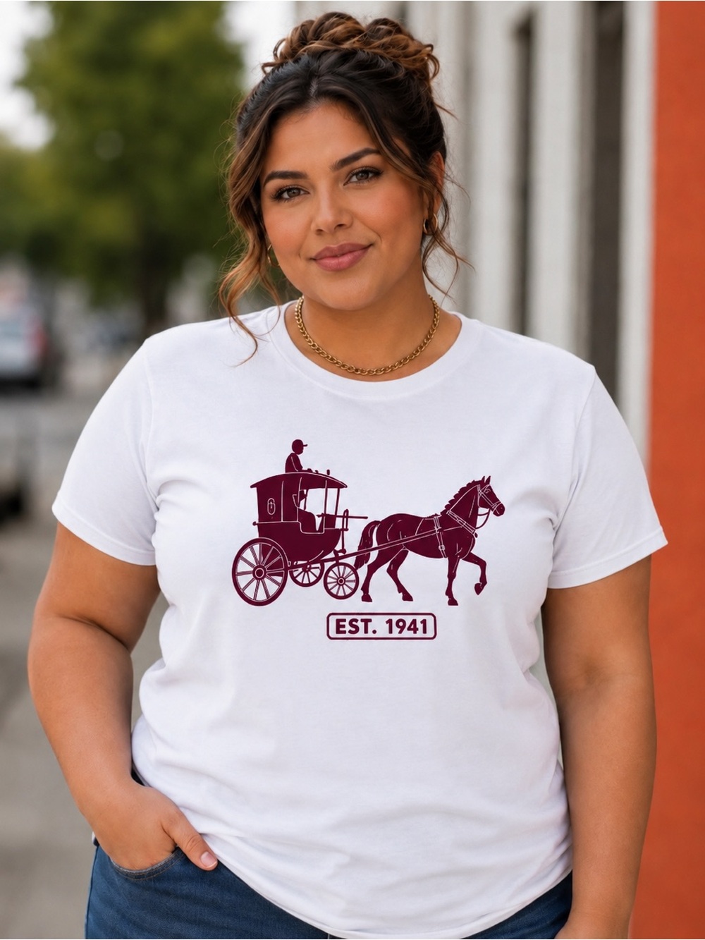 Horse & Carriage EST. 1941 White and Burgundy Graphic Tee - Women’s Medium NWOT
